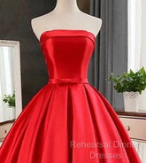 Elegant Strapless Ball Gown Red Semi Formal Prom Dress With Bow